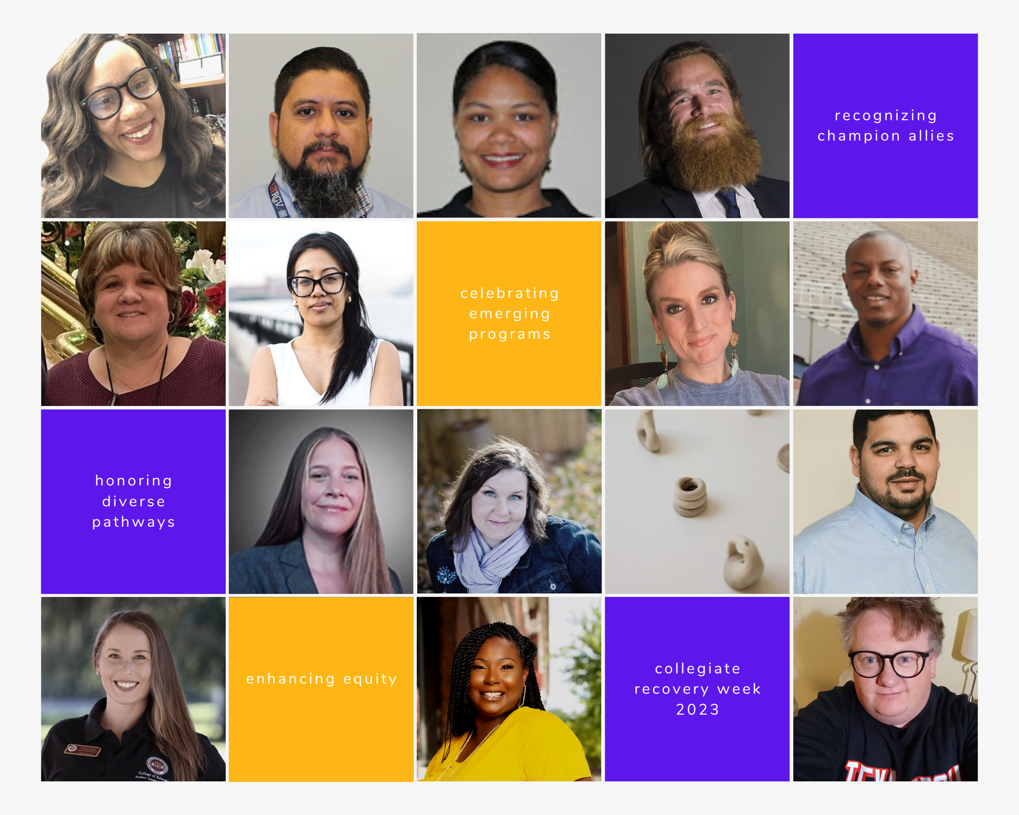 Image composite with people's faces who submitted quotes for why they celebrate collegiate recovery week.