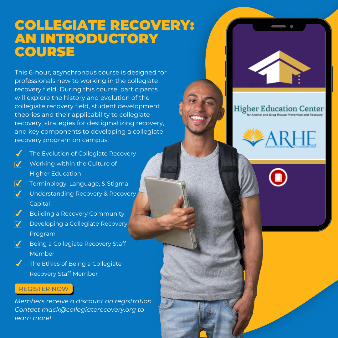 A graphic to promote the Introduction to Collegiate Recovery training course