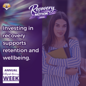 Collegiate Recovery Week promotional graphic with the “Recovery in Motion 2026” logo, link to the www.collegiaterecovery.org/recoveryweek/ website, and a quote that says, “Investing in recovery supports retention and wellbeing.”